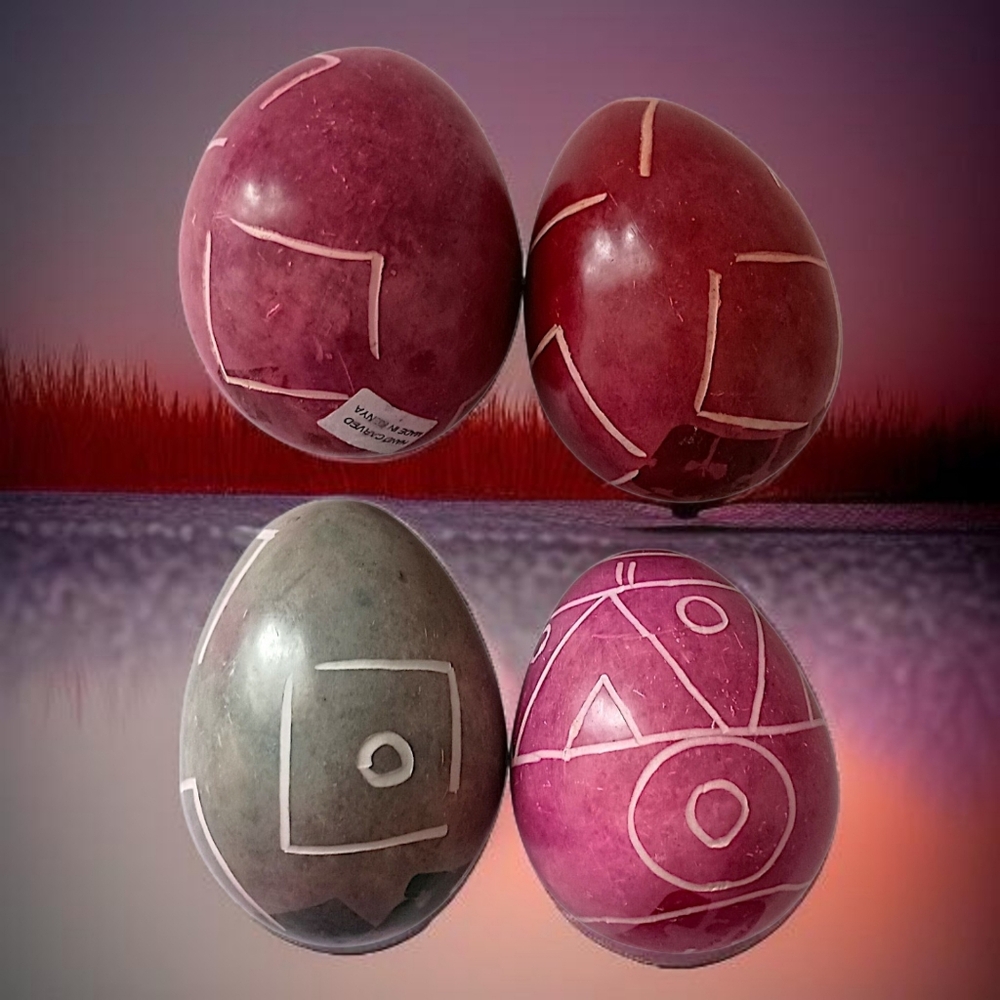 4 Vintage Soapstone Eggs Decorative Stone Easter Egg‎ Pinks Gray Carved Kenya